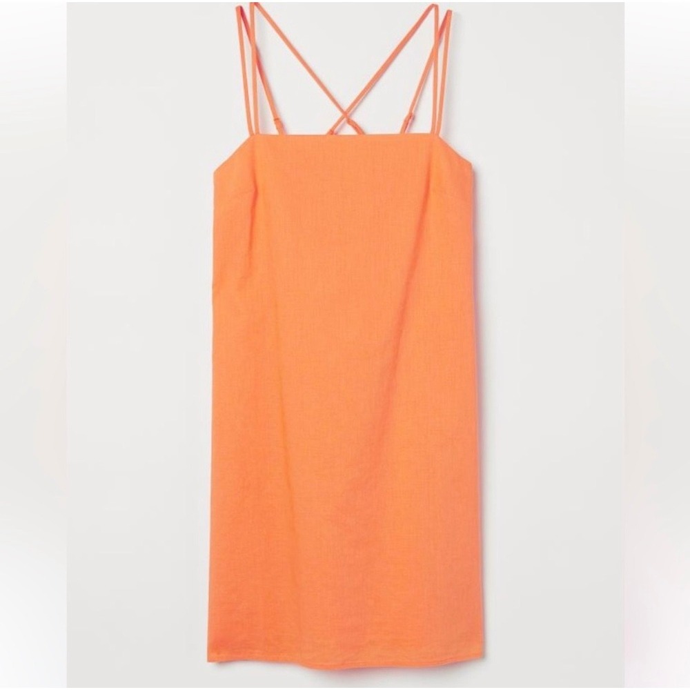 H&M Tangerine‎ Orange Linen Blend Mini  Dress Crisscross Retro Size Medium NWOT